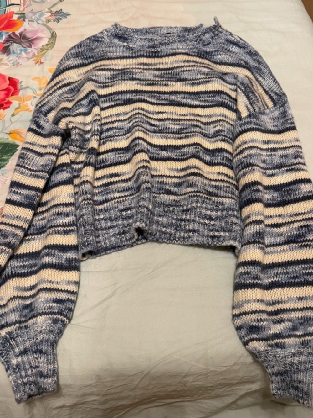 Macy's Blue and Cream Striped Crewneck Sweater